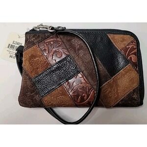 Y2K‎ Fossil Wristlet Leather Zip Around Wallet Clutch Sasha Patch Boho NEW India